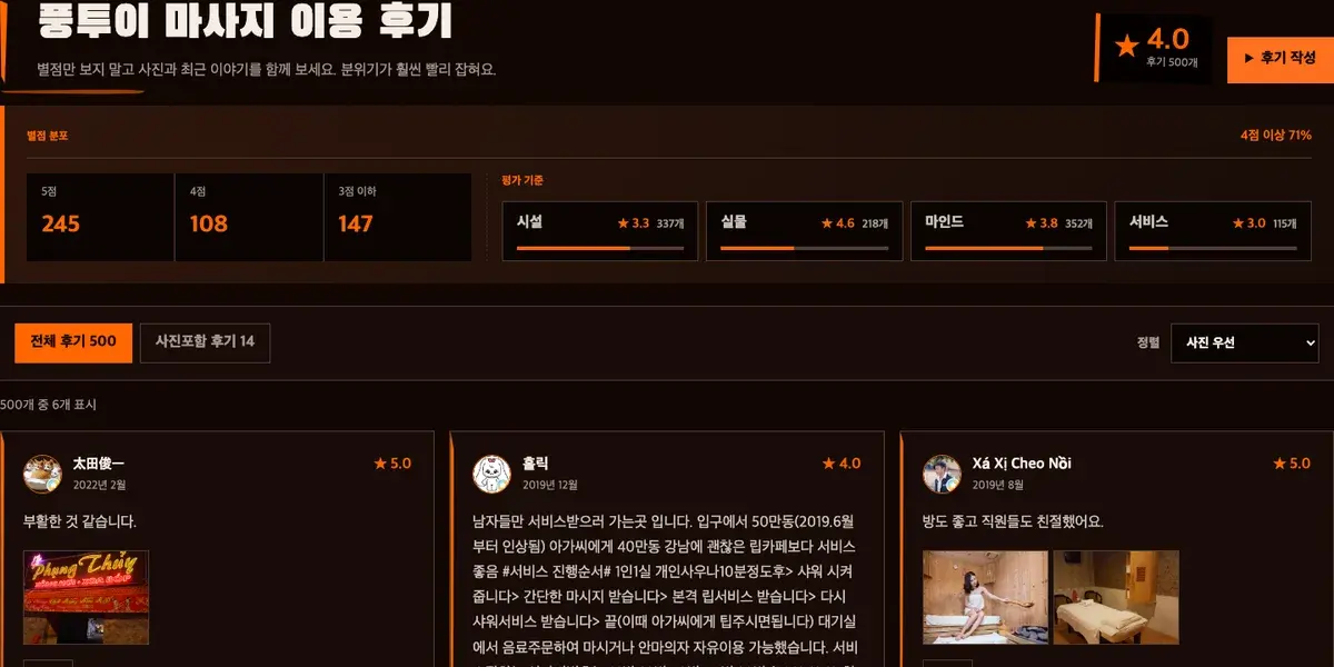풍투이 마사지 업체 페이지의 이용 후기와 평점 분포