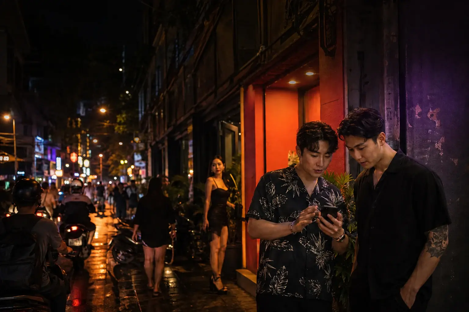 하노이 미딩의 밤거리에서 마사지 코스와 이동 조건을 확인하는 성인 여행자